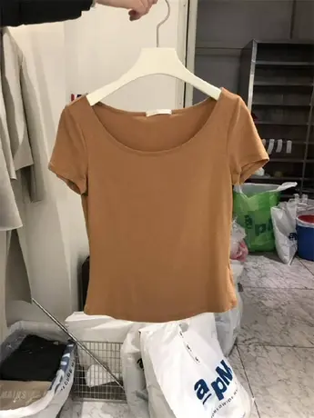 韩国东大门2024春季新款时尚女装洋气纯色圆领显瘦白色短袖T恤女图片