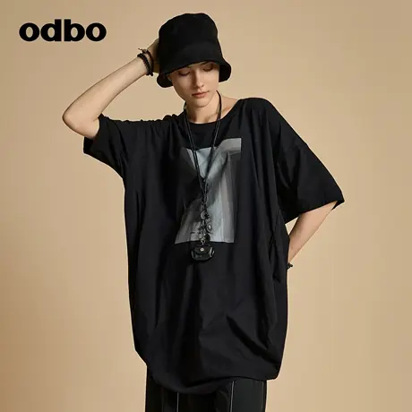 odbo/欧迪比欧原创设计感休闲气质印花T恤女早秋2023新款通勤上衣商品大图