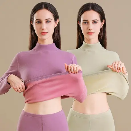 多彩绒加厚中领保暖内衣套装女加厚秋衣一体绒洋气内搭打底上衣冬图片