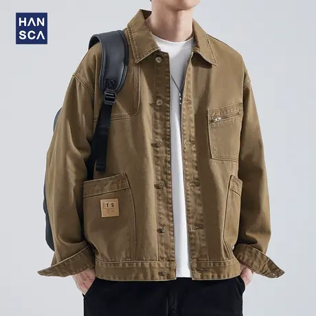 hansca多口袋重磅365g牛仔外套男春秋款潮牌美式复古宽松休闲夹克商品大图