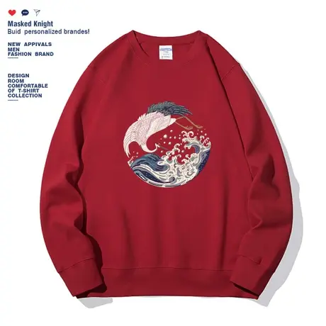 秋冬国潮复古海浪印花卫衣男酒红色过年圆领休闲宽松情侣装上衣图片