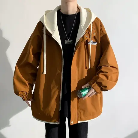 假两件外套男春秋季新款潮牌宽松连帽夹克男装青少年户外冲锋衣服商品大图