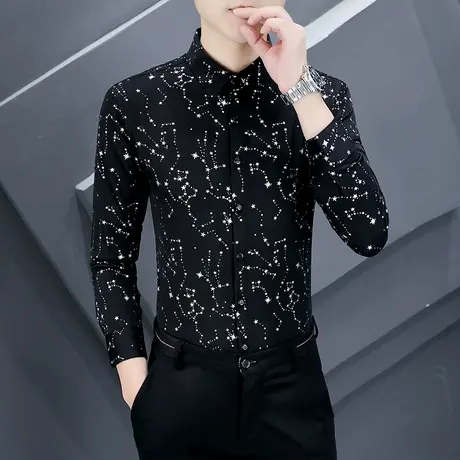 秋季长袖花衬衫男士潮牌痞帅男装上衣发型师个性时尚韩版修身衬衣商品大图