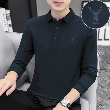 珠地棉polo衫男长袖翻领t恤保罗商务休闲带领打底衫鹿头有领体恤商品大图