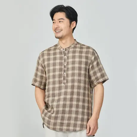 亚麻休闲T恤男士上衣宽松大码立领夏季薄款短袖格子复古棉麻体恤图片