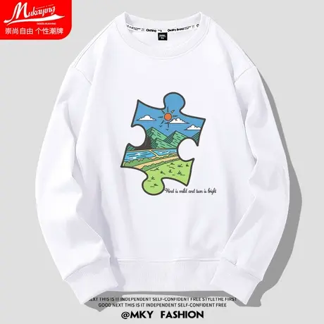 美式潮流风景碎片拼图趣味印花圆领卫衣男宽松大码休闲百搭长袖衫商品大图