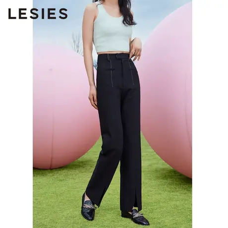 LESIES蓝色倾情春新款女装OL高腰撞色线设计开叉超长腿长裤子商品大图