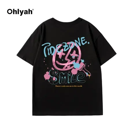 2023年夏季新款Smile粉色笑脸休闲印花半袖宽松韩版上衣短袖t恤女商品大图