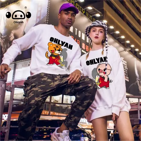 纯棉简约潮牌中性风圆领套头秋装卫衣女情侣卡通印花大码港风上衣商品大图