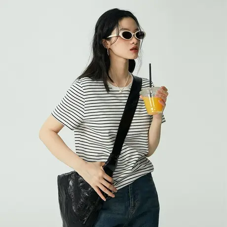 omont蛋挞家 条纹短袖T恤女夏季2023年新款复古圆领宽松显瘦上衣图片