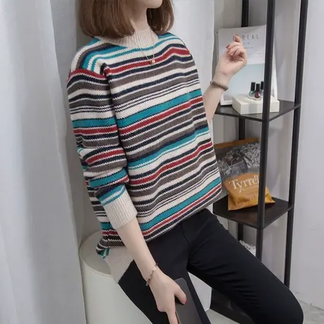 半高领毛衣女条纹打底衫2023秋冬新款套头宽松外穿针织衫内搭上衣商品大图
