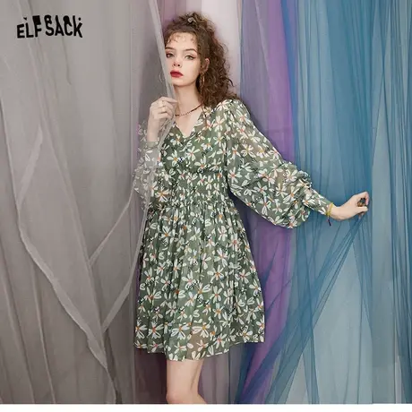 妖精的口袋v领雪纺碎花连衣裙女2023秋季新款绿色显瘦长袖茶歇裙图片