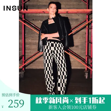 恩裳COVER初冬2022时尚摩登运动休闲松紧腰波普艺术棋盘格裤图片