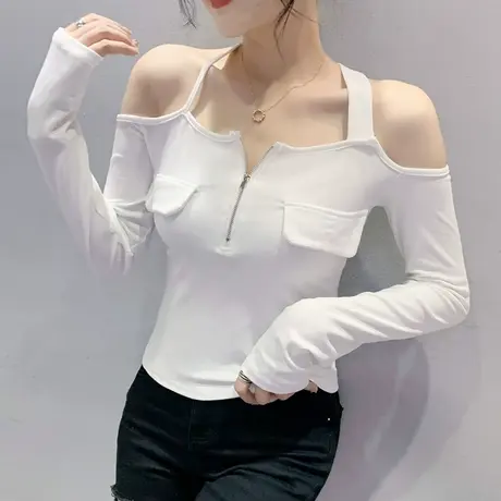 一字领短款T恤女长袖欧货性感气质内搭打底衫时尚拉链露肩上衣ins图片