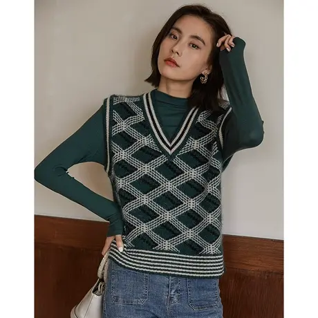 弥古民族风绿色针织马甲女春秋外穿v领复古坎肩背心显瘦马夹上衣商品大图