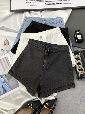 韩国高腰牛仔短裤女2023春夏新款显瘦百搭高弹力包臀辣妹阔腿短裤商品大图