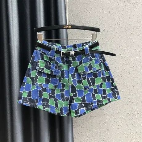 欧货撞色印花牛仔工装裤女2023秋季新款洋气高腰宽松显瘦阔腿短裤商品大图