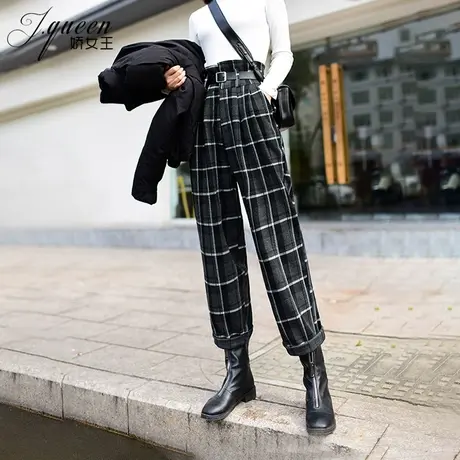 毛呢哈伦裤女秋冬韩版高腰显瘦萝卜裤子复古英伦风休闲百搭格子裤商品大图