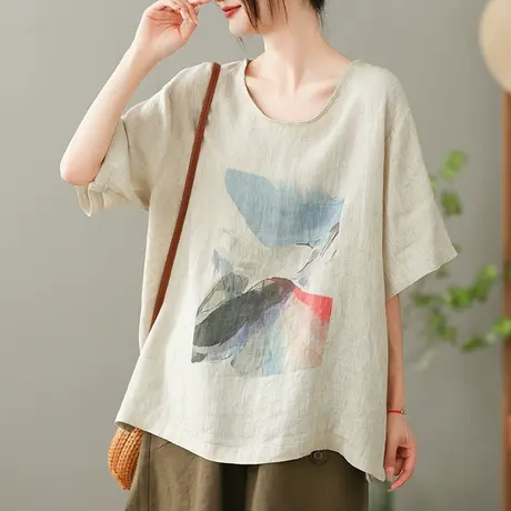 dza复古亚麻短袖T恤女2023夏季薄款圆领打底体恤宽松棉麻套头上衣商品大图