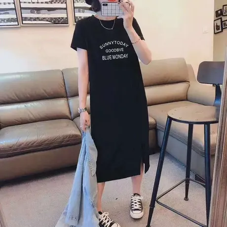 视觉显瘦中长款过膝长裙女T恤裙2022年夏装新款宽松气质连衣裙女图片