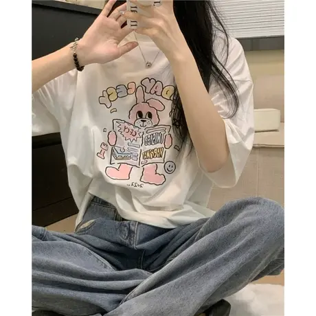 美式印花短袖T恤女宽松休闲上衣夏季小众百搭显瘦杏色打底衫体恤图片