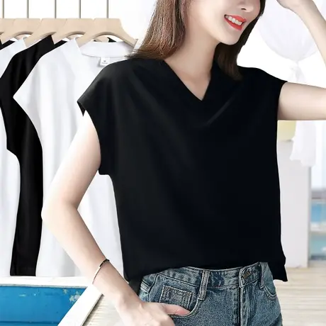 黑色v领下摆开叉连肩短袖2023年夏季新款t恤女设计感胖mm宽松上衣商品大图