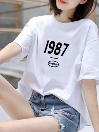 重磅仿棉正肩短袖t恤女夏季宽松圆领小众设计感美式复古上衣ins潮商品大图