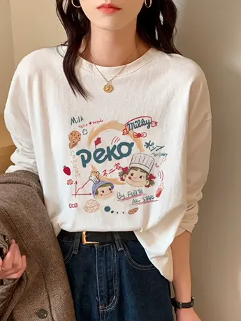 白色仿棉长袖t恤女2023早秋新款欧货女装冬季加绒内搭打底衫上衣商品大图