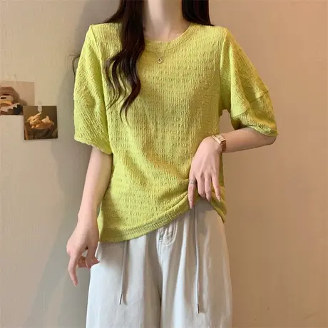褶皱肌理感短袖T恤女2023夏新款百搭宽松显瘦纯色上衣体恤ins潮牌图片