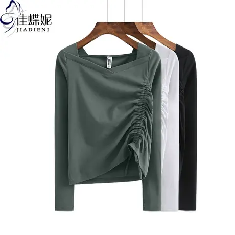 春秋新款V领纯棉修身抽绳显瘦体恤长袖打底内搭纯色韩版女上衣T恤商品大图
