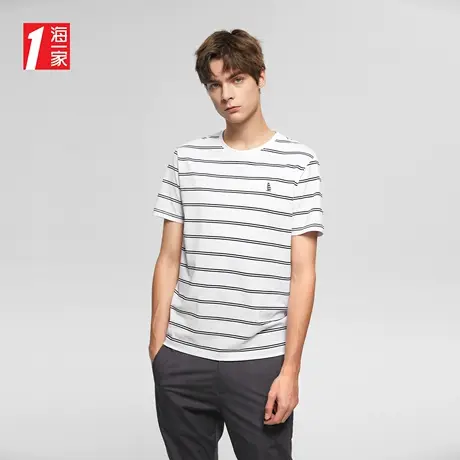 海一家青春条纹短T新款帆船绣花舒适休闲圆领短袖T恤男图片