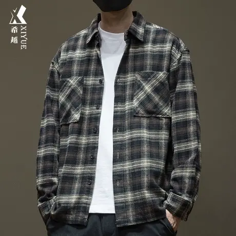希越复古格子加厚衬衫男长袖重磅纯棉衬衣2023秋冬新款大码外套潮图片