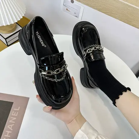 永希厚底乐福鞋女夏2023年新款时尚百搭黑色小皮鞋增高英伦风单鞋商品大图