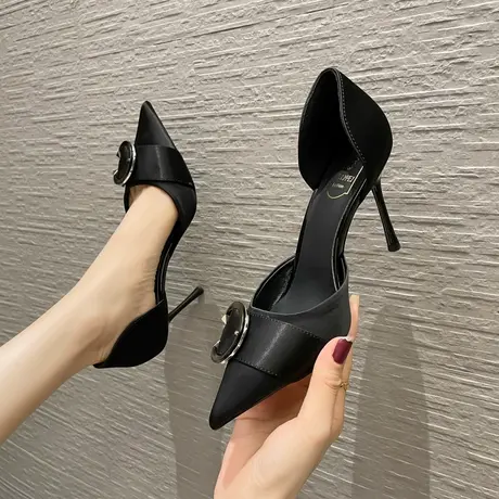 包头凉鞋女2023年夏季新款尖头小众设计感纯色中空气质鞋跟高跟鞋商品大图