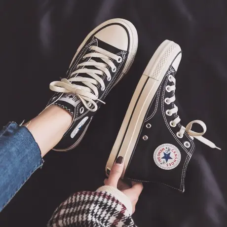 鞋子女ins潮街拍山本风小黑鞋2023年新款春季百搭黑色高帮帆布鞋图片