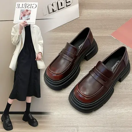 厚底粗跟英伦风小皮鞋女2024新款春季女鞋黑色单鞋一脚蹬乐福鞋子图片