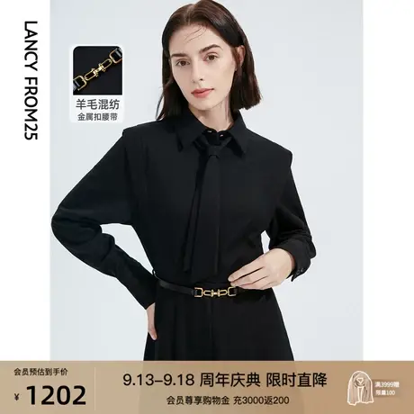 【会员专享】朗姿POLO领裙子黑色长袖收腰衬衫连衣裙秋冬新款裙子商品大图