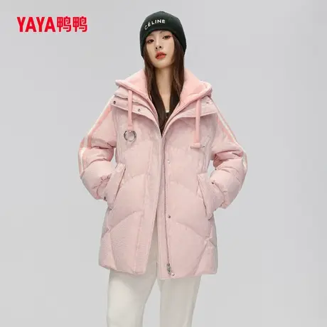 鸭鸭羽绒服女2023冬季新品中长款卫衣帽拼接假两件套加厚外套J图片