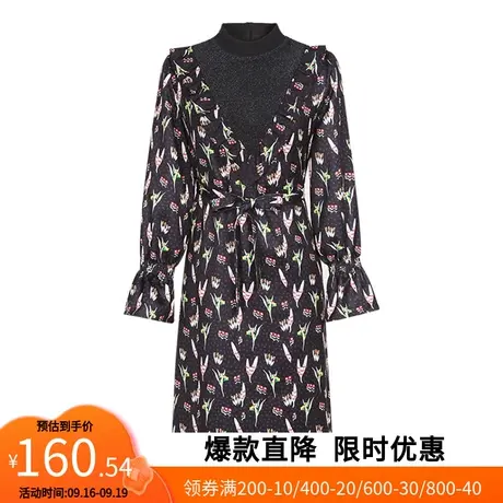 【艾格】2023春夏季新款假两件连衣裙子女印花绑带收腰气质喇叭袖图片