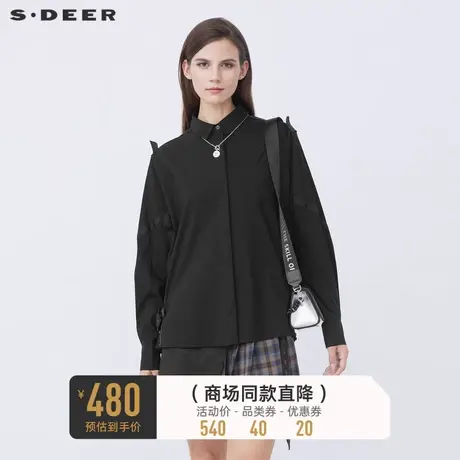 sdeer圣迪奥春秋装女装休闲翻领织带拼接黑色长袖衬衫S21380503商品大图