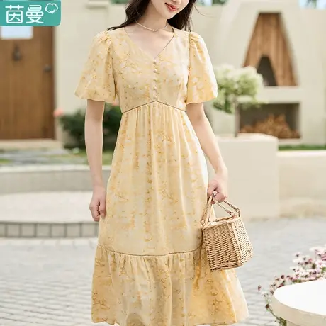 茵曼官方旗舰店法式碎花连衣裙女装复古长裙子夏天2023新款雪纺商品大图