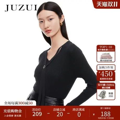 JUZUI玖姿春秋新款黑色针织修身优雅时尚领型个性女薄款毛衣商品大图