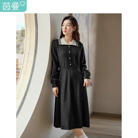 茵曼包芯纱毛织连衣裙2023冬女装新款优雅通勤翻领收腰显瘦中长裙图片