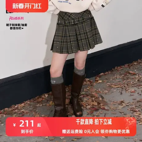 妖精的口袋格纹百褶裙女2023冬季新款小个子设计感高腰显瘦短裙图片