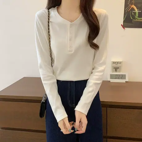 2023春秋冬季新款白色长袖t恤女韩版打底衫设计感小众内搭V领上衣图片