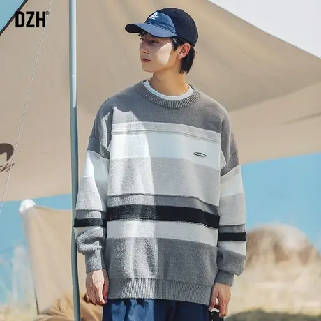 男士撞色拼接毛衣男秋冬圆领潮牌休闲长袖上衣男款宽松针织毛线衣商品大图