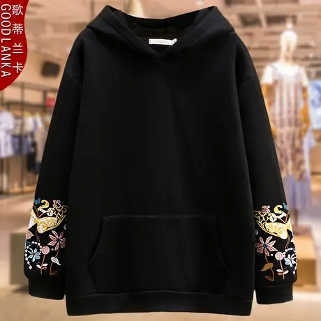 中老年五十岁妈妈卫衣休闲加绒加厚新款2022爆款大码连帽绣花上衣商品大图