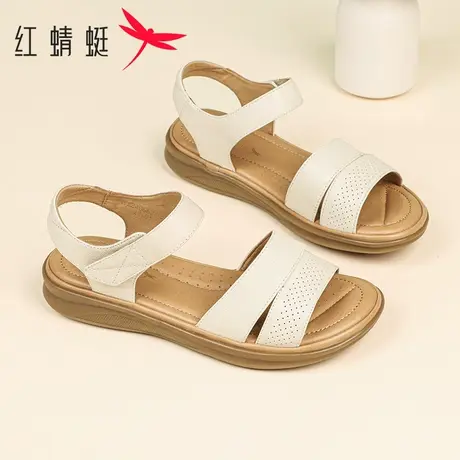 红蜻蜓女凉鞋夏季防滑平底休闲鞋真皮魔术贴舒适软底中年妈妈鞋子商品大图