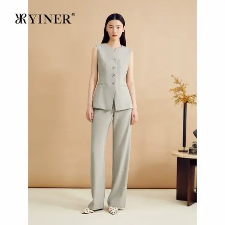 YINER音儿女装秋季亚麻法式背心都市风廓形小V领马甲商品大图
