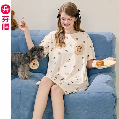 芬腾睡裙女夏季薄款短袖睡衣裙女款卡通可爱休闲家居服中裙连衣裙图片